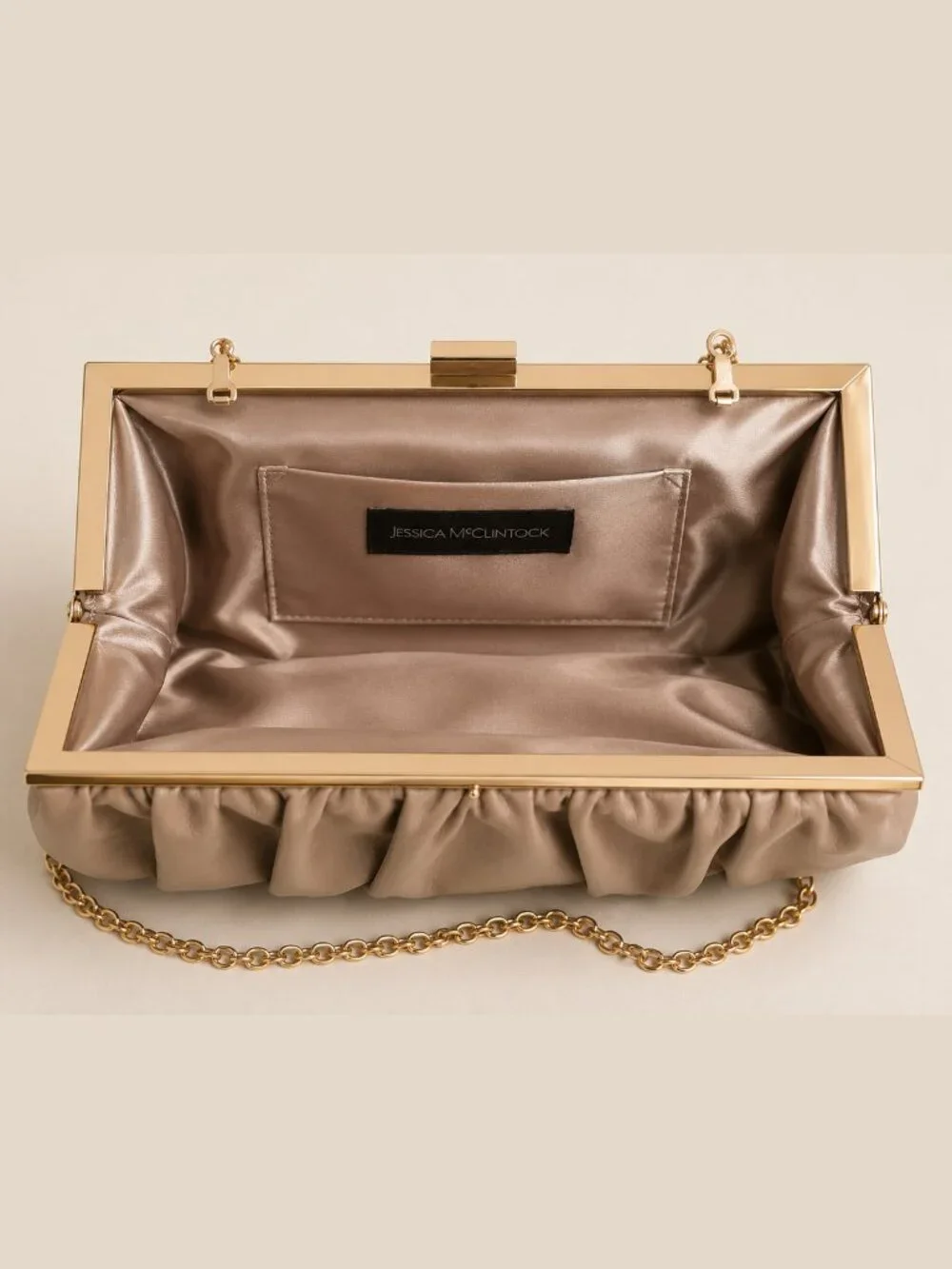 Jessica McClintock Taupe Ruched Clutch Gold Chain Evening Bag